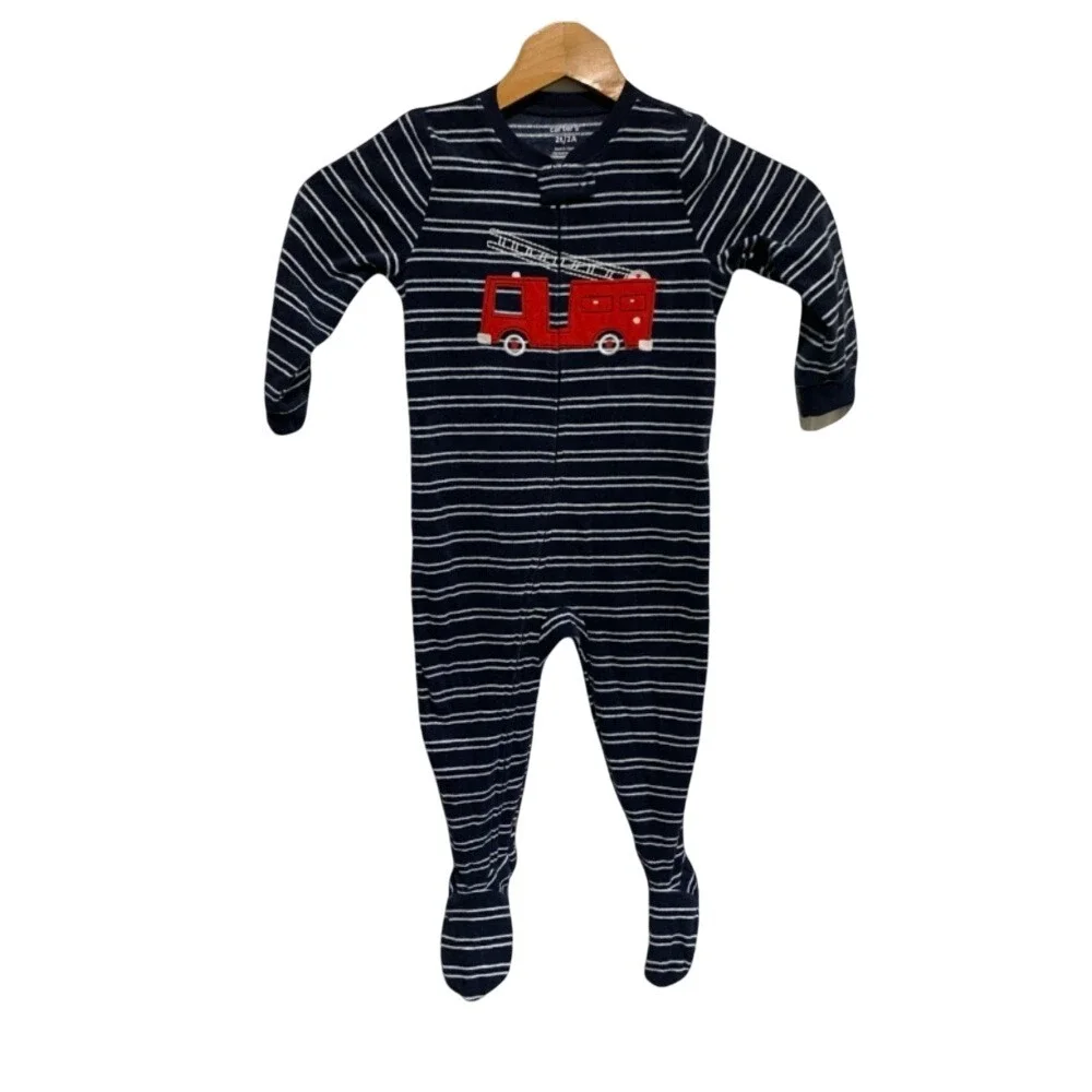 Carters Navy‎ White Stripe Fire Truck Footie Pajamas Sleepwear Baby Toddler 2T